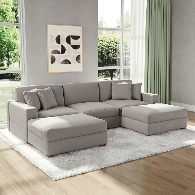 Modular Corduroy Sectional Sofa Set Chaise Couch with Ottoman