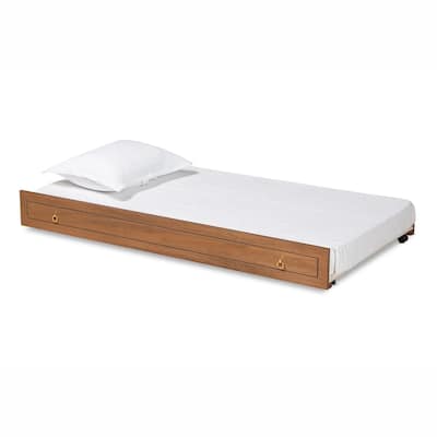 Twin Size Wooden Trundle Bed Frame with Walnut Brown and Gold Tone Metal Ring Pulls