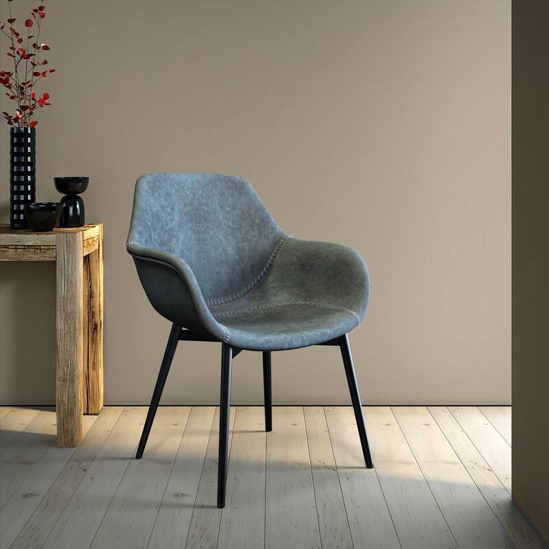 Markley Mid-Century Modern Upholstered Distressed Leather Dining Chair with Comfy Curved Seat & Strong Powder-Coated Metal Legs - Peacock Blue