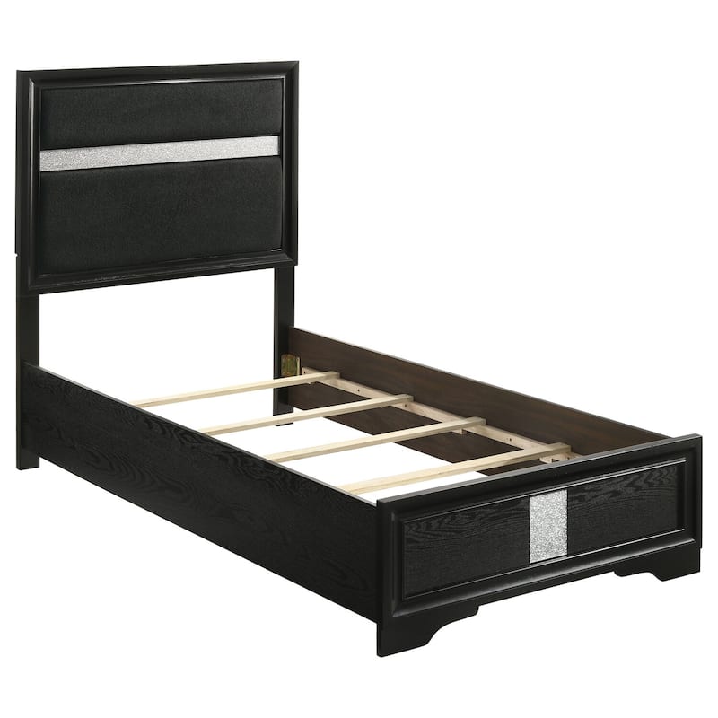 Black Twin Upholstered Panel Bed with Rectangular Headboard, Glitter Trim, and Foam Cushioning