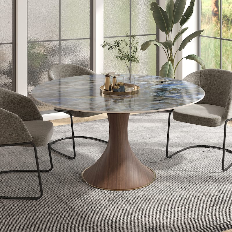 Modern Round Stone Top Black Woodgrain Pedestal Dining Table