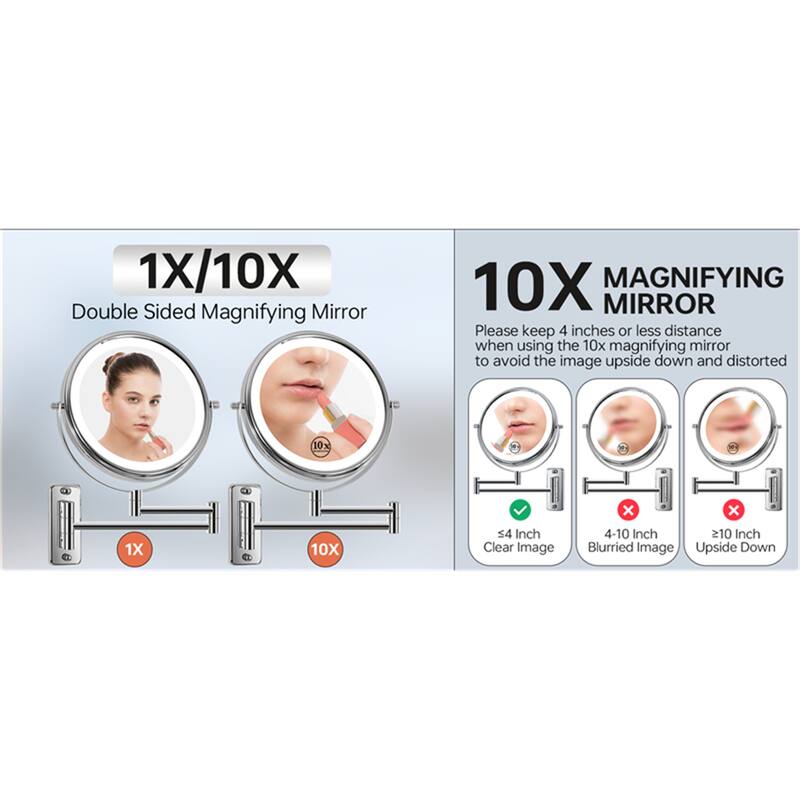 Wall Mounted Makeup Mirror w/ Down Double-Sided 1x/10x Magnification