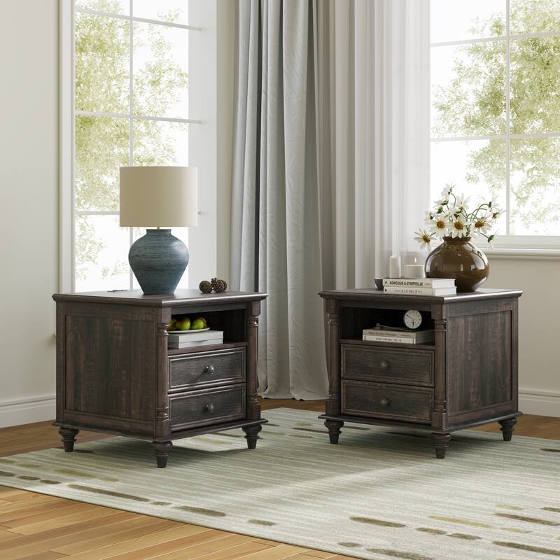 Farmhouse Nightstand Set of 2 with Solid Wood Feet, Charging Station - Black