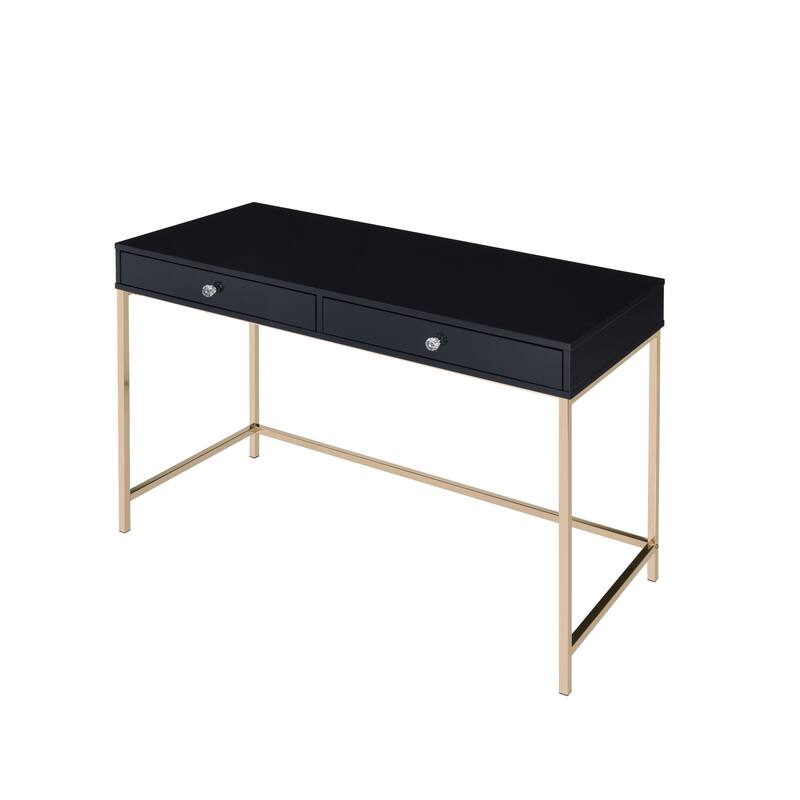 Black Wood Writing Desk with Gold Metal Base, Drawers and Shelving