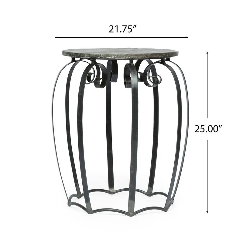 Side End Table, Gray Iron Frame, Round Brown Mango Wood Top, 21 Inch