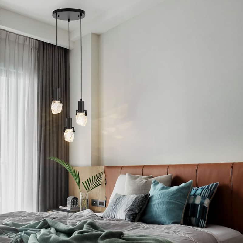WINGBO 3-Light Modern Crystal Pendant Light Fixture Height Adjustable Hanging Light - N/A - Black