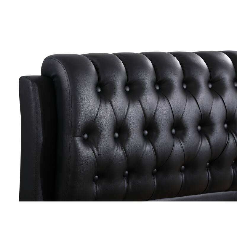 Twin Bed with Padded Headboard - Rustic Black Faux Leather Frame, Boxspring Needed, 41x83x48