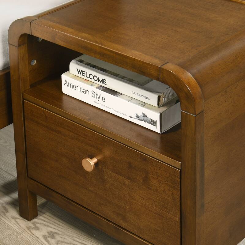 Roundhill Furniture Eldren Wood Bedroom Set, Platform Bed with Dresser, Mirror, and Two Nightstands in Walnut Finish