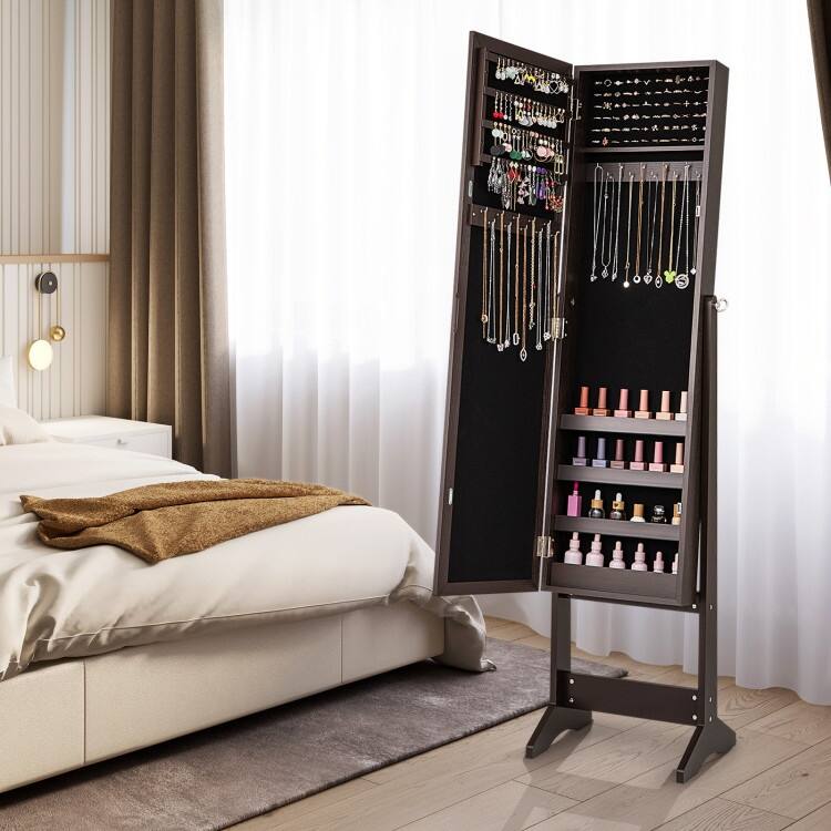 Mirrored Standing Jewelry Cabinet Storage Box - 13" x 14.5" x 56" (L x W x H)