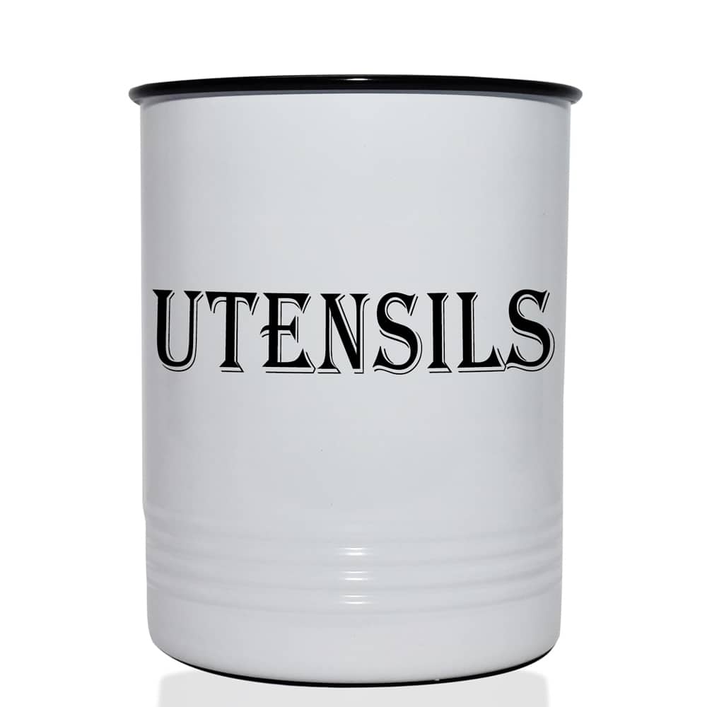 Vintage Farmhouse Utensil Holder, Countertop Organizer and Kitchen Decor Caddy, Stainless Steel Rim