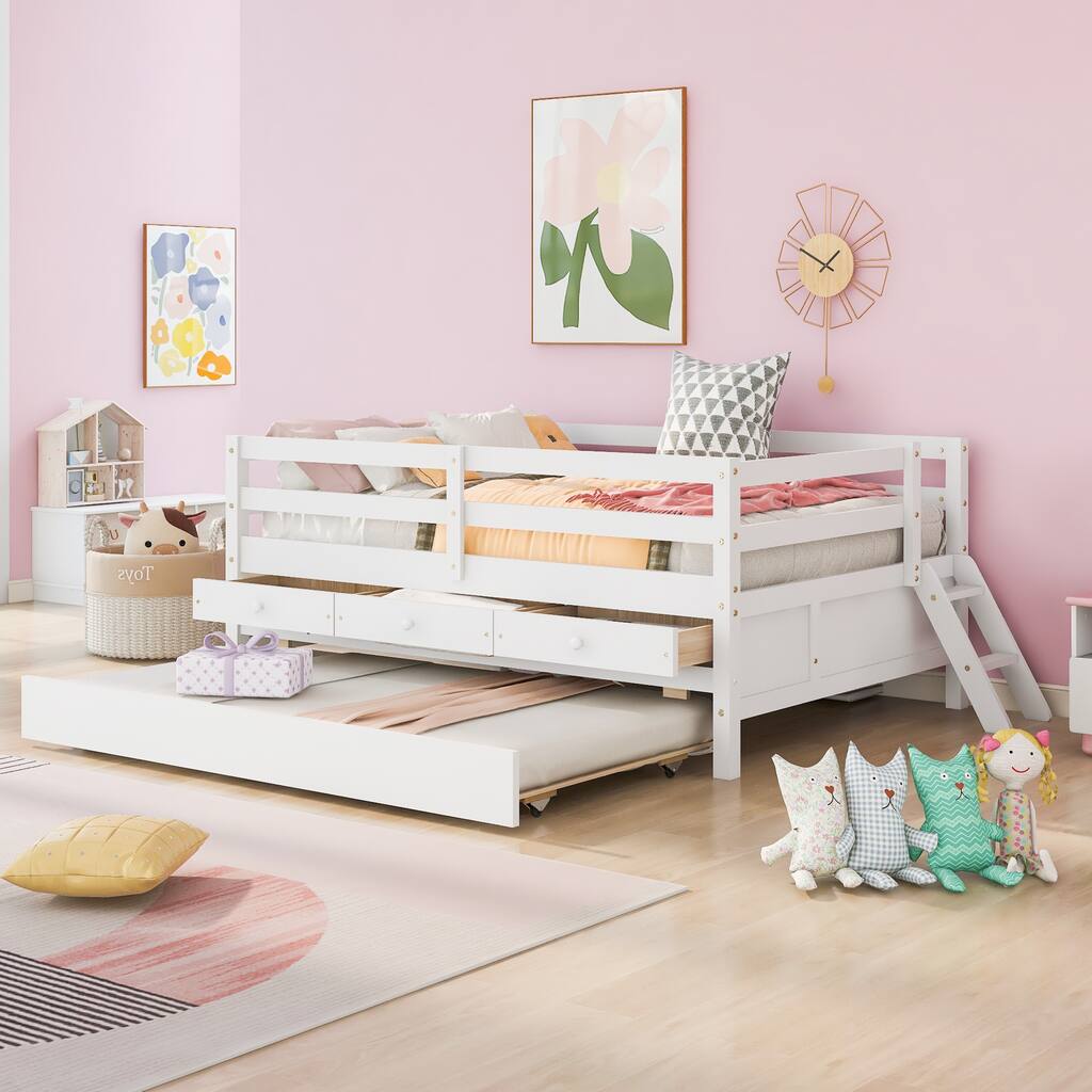 Low Loft Bed Full Size with Full Safety Fence and Climbing ladder, White Solid Wood Bed with Storage Drawers and Trundle