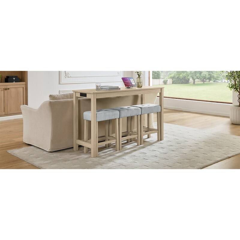 59 Inch 4 Piece Bar Table and Chair Set,Bar Table, Dining Table with Power Outlet, 3 Upholstered Stools