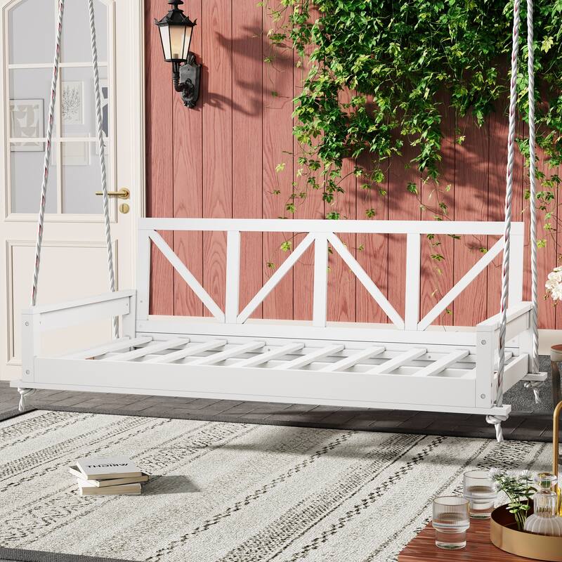 Acacia Wood Twin Size Patio Swing Bed by Leisure Zone - White