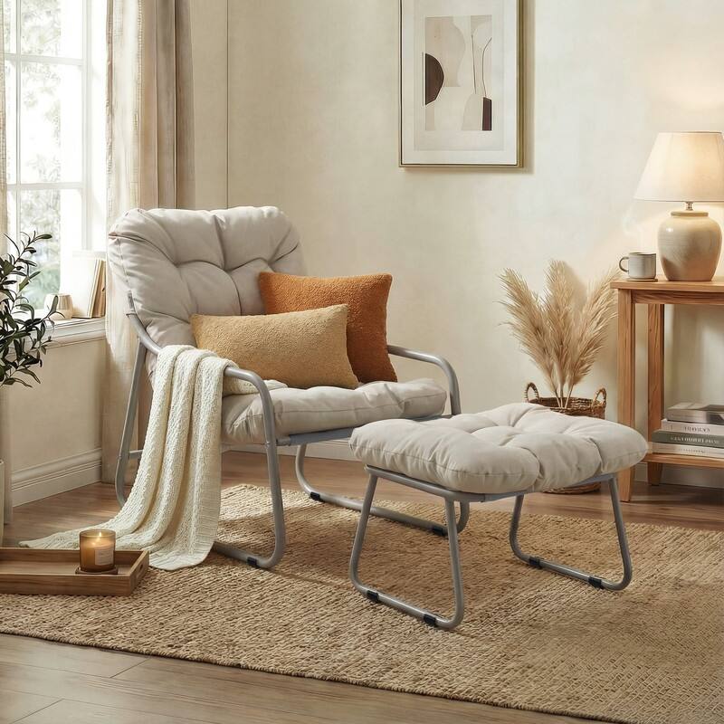 Modern Indoor/Outdoor Lounge Chair and Ottoman with Thick Cushion for Living Room