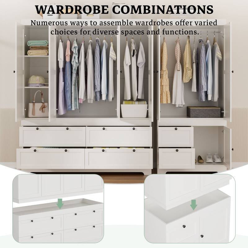 Meyreso White Modular Wardrobe Closet with Drawers, Convertible Stacking Armoire - N/A