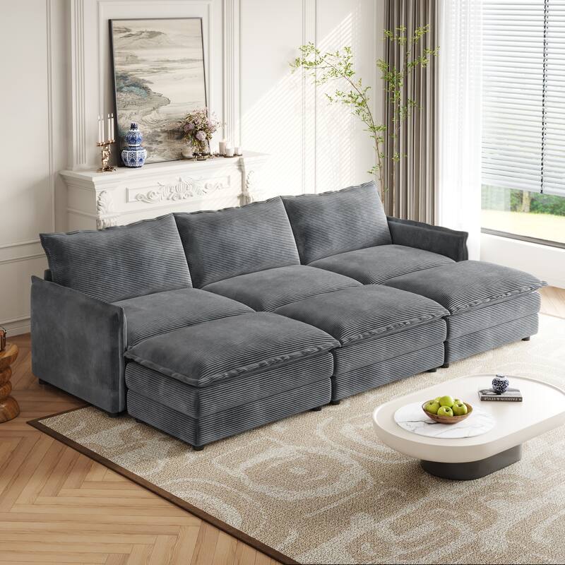 Convertible Sleeper Sofa Bed 109" Oversized Modular Sectional Sofa Deep Seat Corduroy Cloud Couch with 3 Ottomans