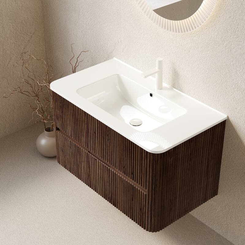 GDFStudio - Noor Modern Floating Bathroom Vanity with Dual Drawers & White Ceramic Basin, WITHOUT Faucet