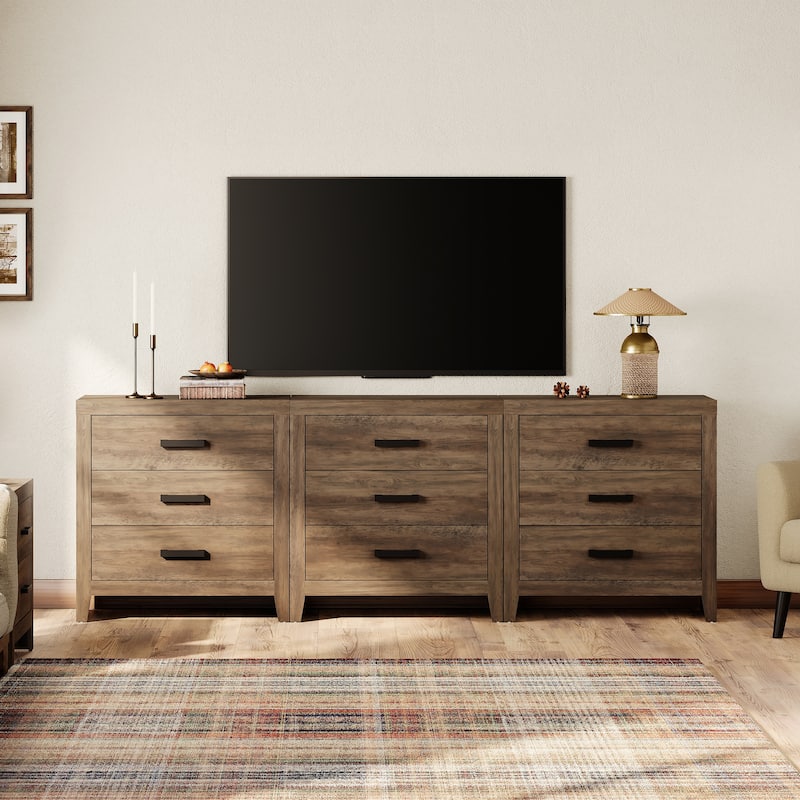WAMPAT Farmhouse TV Stand, Modern Wood Media Console, Rustic Entertainment Center with Storage for Living Room, Bedroom - Brown - 3 Piece