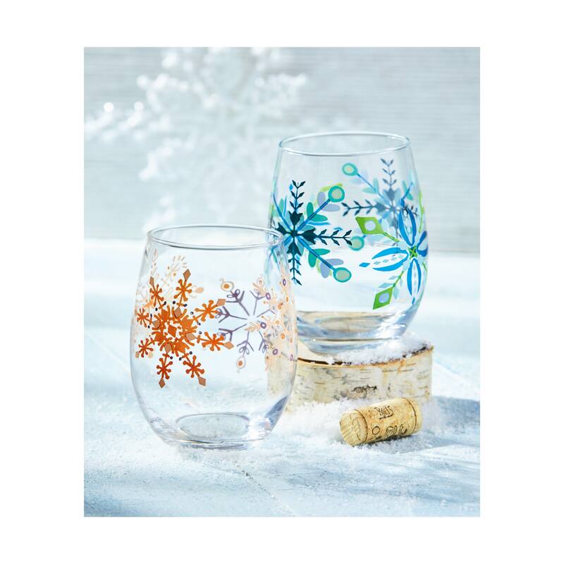 18 oz. Alpine Glow Blue Snowflake Glass Stemless Wine Drinkware Dishwasher Safe Beverage Glassware