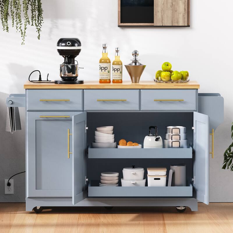 59.3" Rolling Kitchen Island with Storage and Pull-Out Organizers Rubber Wood Drop Leaf Rolling Design for Versatile Use
