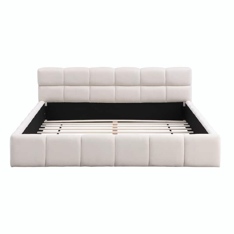 Elegant Beige Chenille Upholstered Bed with Checkerboard Pattern