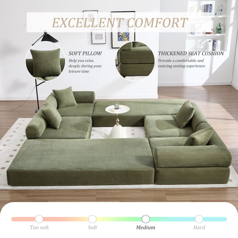 HOMEFUN Corduroy Upholstered Convertible Folding Sofa Bed with Fixed Frame and Pillow Back Handrail