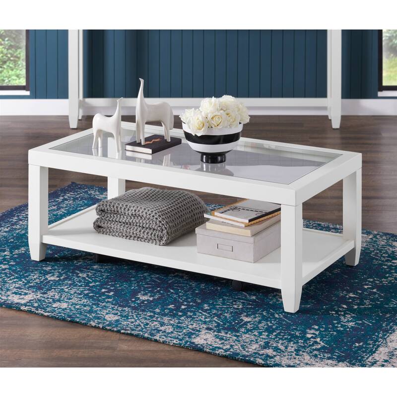 Cordero Wood and Glass Top 48-Inch Wide Coffee Table with Shelf Storage - White
