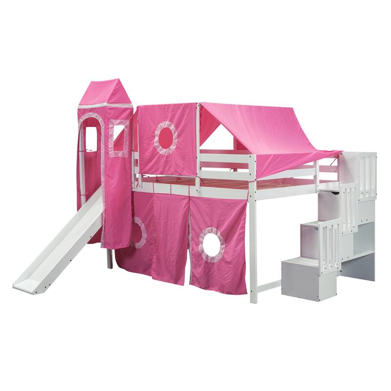 Pink Loft Bed w/ Slide and Tent, Full Size Loft Bed with Tower and