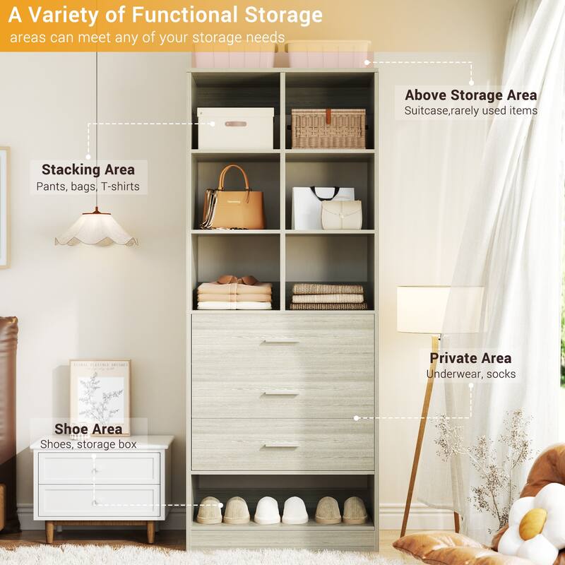 Qvella 23.6'' W Closet System with 3 Wooden Drawers and Partition Storage,Modular Closet Organizer for Walk-in/Reach-in Closet