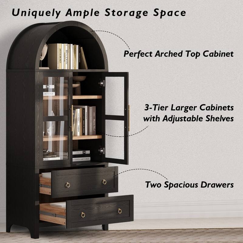 Farmhouse 71" Tall Arched Kitchen Pantry Cabinet with 2 Large Drawers, Modern Kitchen Storage Cabinets with Adjustable Shelves
