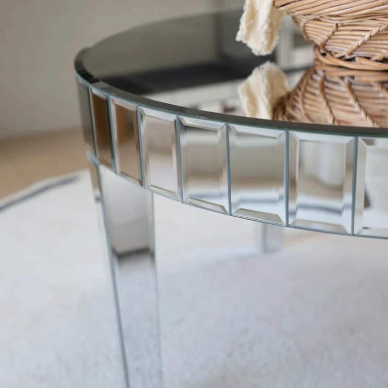 Dazzling Silver Round Coffee Table with Starburst Mirror Mosaic Design