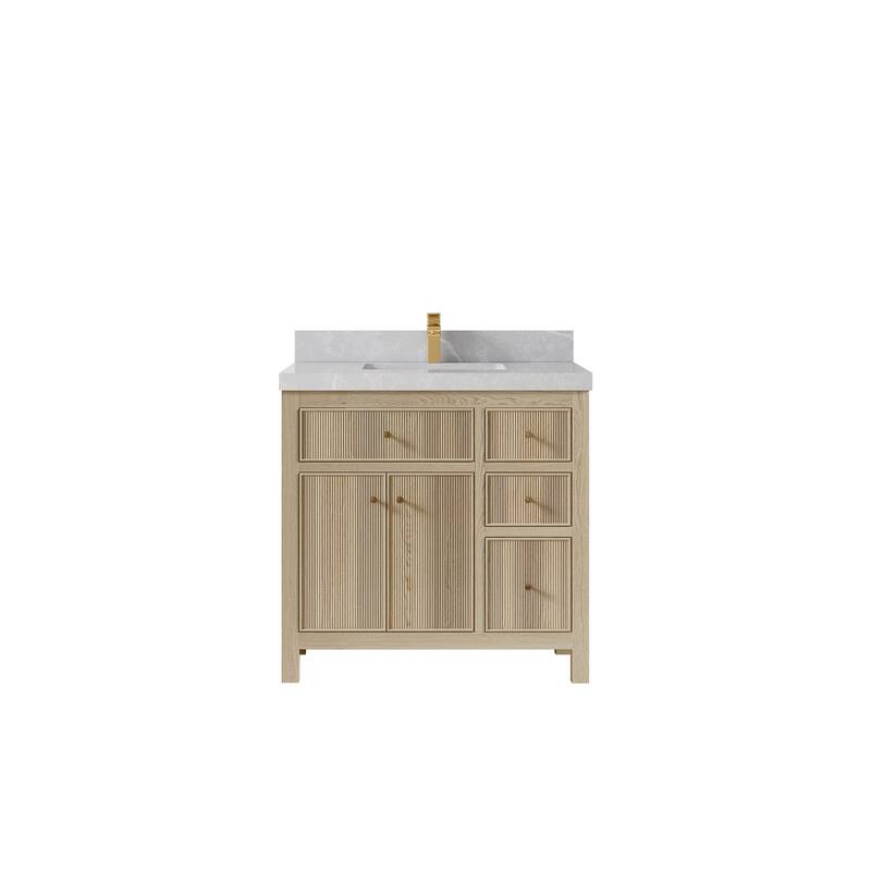 Willow Collections 36 x 22 Sonoma Oak Wood Center Sink Left Bathroom Vanity with Quartz or Marble Countertop