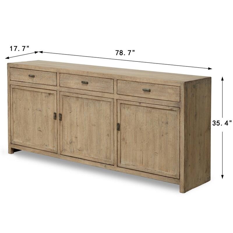 Approx. 79" Rustic Natural Wood Sideboard-3 Drawers & 3 Doors Weathered Natural