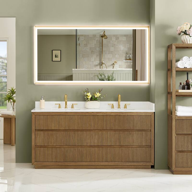 Navan Bathroom Vanity in Weathered Brown with Grain White Engineered Stone Countertop No Mirror - 72"x34"