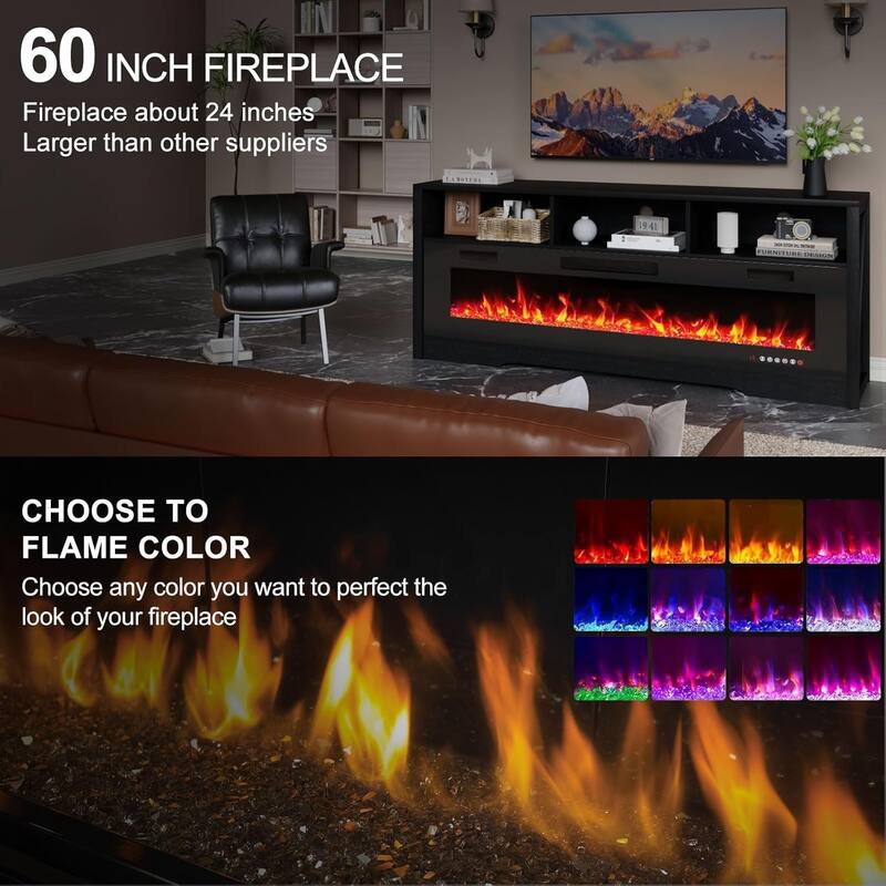 BOSSIN 65" Electric Fireplace TV Stand , Entertainment Center for TVs up to 75" with Open Shelves, Black