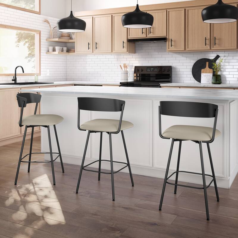 Amisco Ludwig Swivel Counter and Bar Stool - Greige Faux Leather / Black Metal - Counter Height