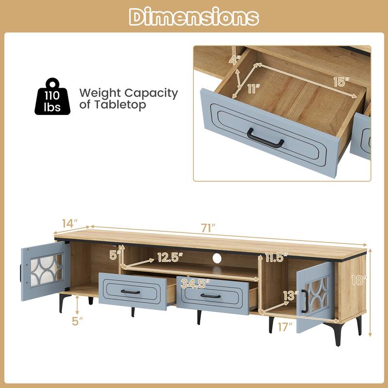 Modern 71" TV Console Table with Storage Drawers Cabinets and Cord Hole Metal Legs for Living Room - 71" x 14" x 18"