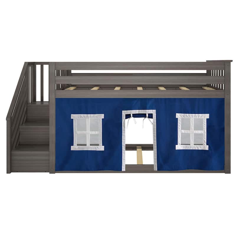 Max and Lily Twin over Twin Low Bunk Bed with Staircase and Curtains