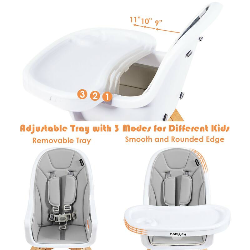 Costway 3-in-1 Convertible Wooden Baby High Chair w/ Tray Adjustable