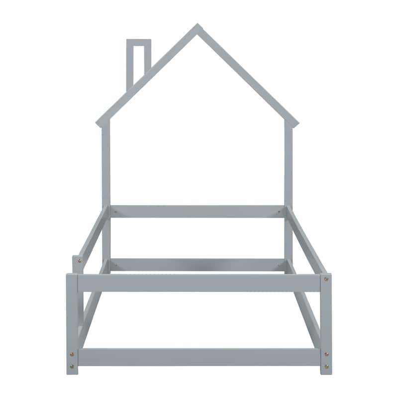 Twin Size Wood bed with House-shaped Headboard Floor bed with Fences