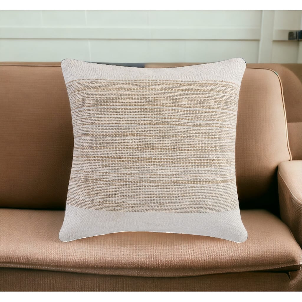 HomeRoots 20" X 20" Natural and Ivory Striped Cotton Blend Zippered Pillow