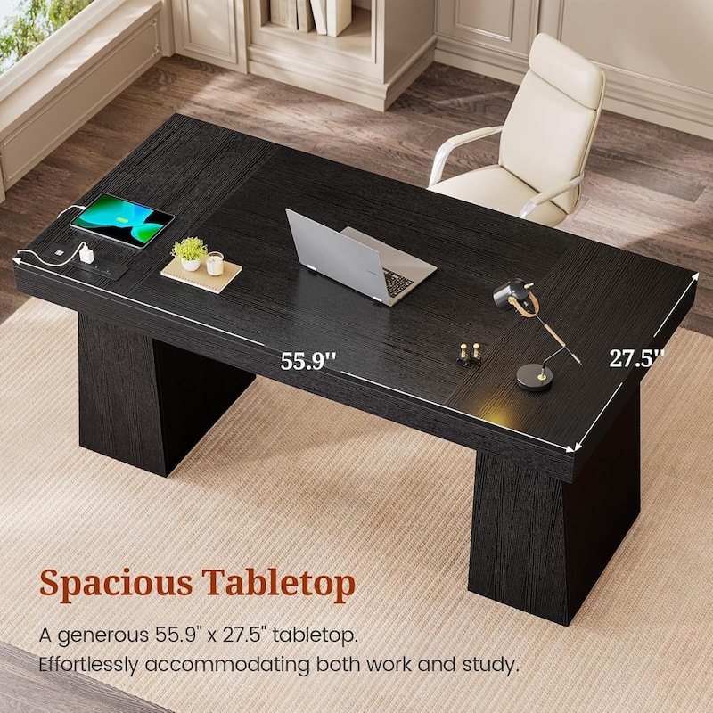 Executive Desk with Power Outlets Home Office Desk Storage Shelves Cabinet