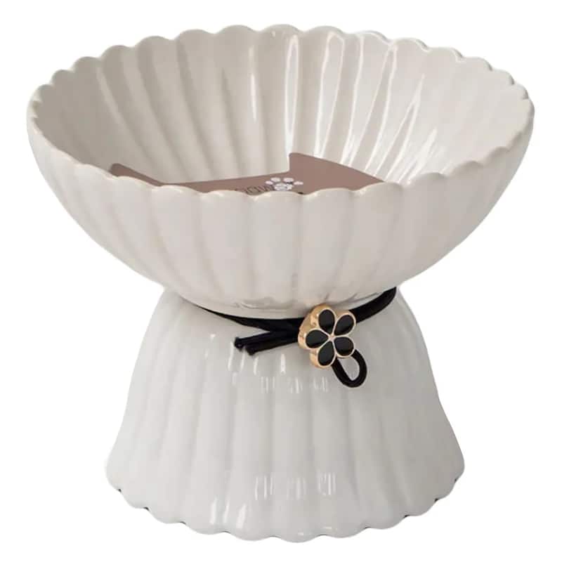 Dexypaws: Elevated Ceramic Bowl For Cats - White & Black Flower 8.45oz Capacity - White/Black - White/Black