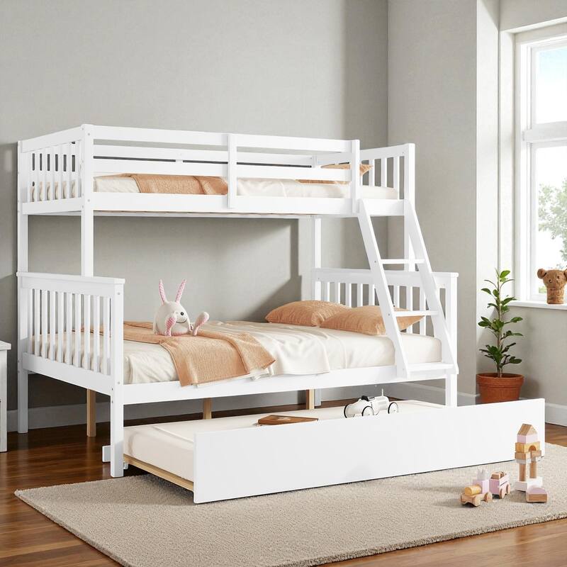 Twin Over Full Rubber Wood Bunk Bed with Twin Trundle, Convertible Ladder, Detachable Design, and Safety Guardrails