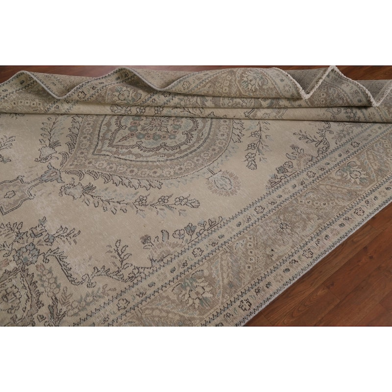 Distressed Tabriz Persian Vintage Area Rug Handmade Beige Wool Carpet - 6'7" x 9'4"