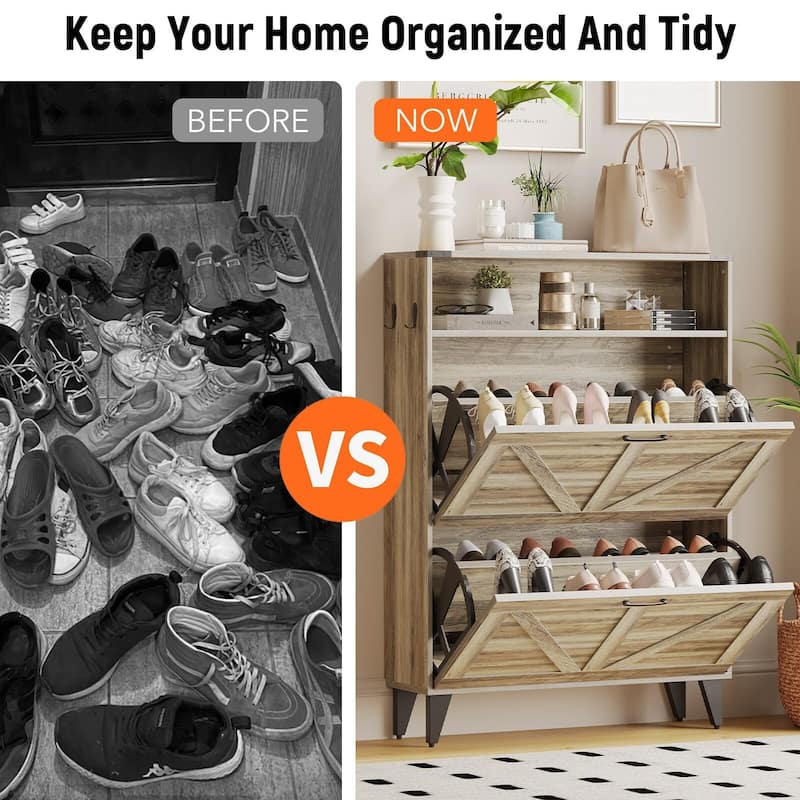 Slim Entryway Shoe Cabinet with 2 Flip Drawers