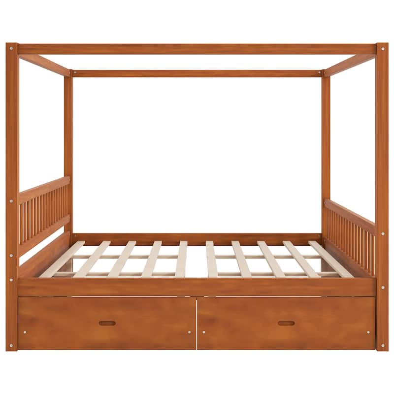 Wooden Canopy Bed Frame with Storage Drawers, Modern Poster Bed, Available in Queen or King