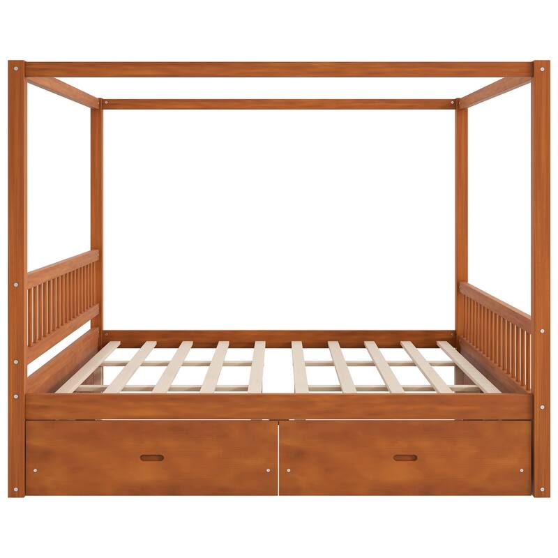 Wooden Canopy Bed with Storage Drawers, Low-Profile Four Poster Platform Bed with Wood Slat Support, No Box Spring Needed