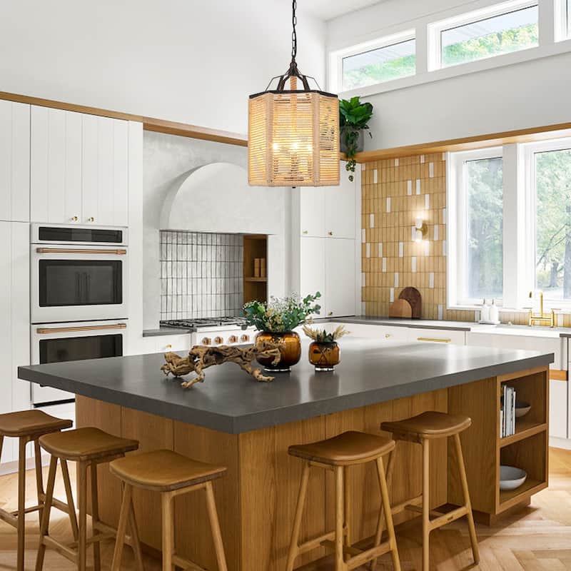 3-Light Farmhouse Lantern-style Chandelier with Hemp Rope for Living Room