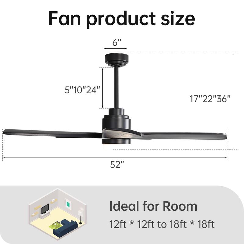 Sofucor 52" Solid Wood Noiseless Ceiling Fans with Dimmable LED Light Optional and Remote, 6-Speed Reversible, Smart Optional